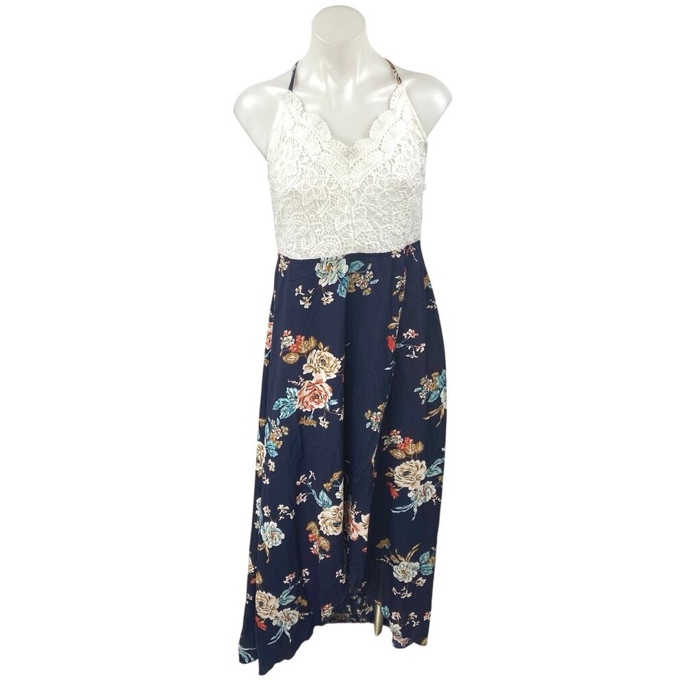 Shein White Blue Floral Crochet Knit Sleeveless Cross Back A Line Maxi Dress XL